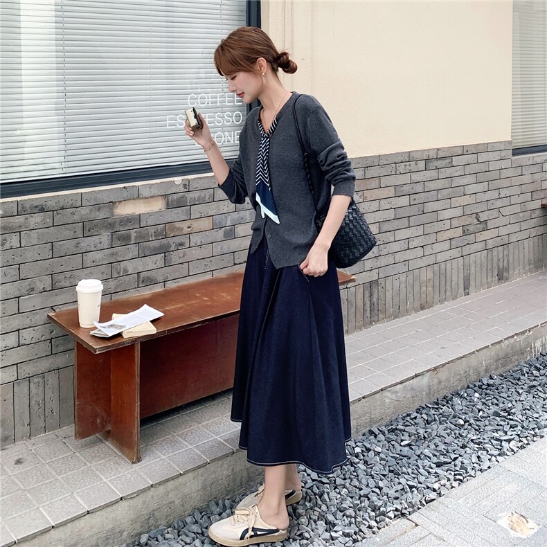 韩系轻熟风套装女2025秋季新款气质慵懒针织开衫高腰半身裙两件套,女装套装/套裙,2D145