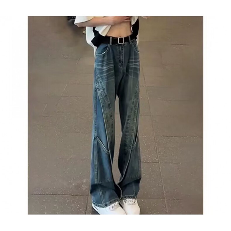 美式复古水洗做旧男女潮牌解构设计感牛仔阔腿弯刀裤S9181P46,男装休闲裤,星座1112-1