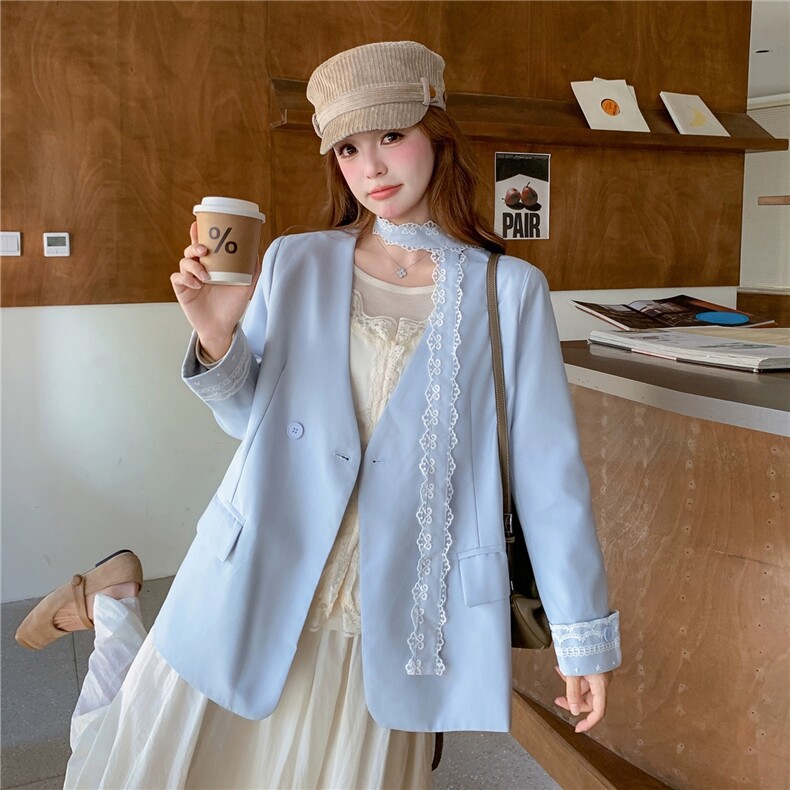 高级感超好看炸街小西服蓝色蕾丝飘带西装外套秋，女装西装，浙宝123