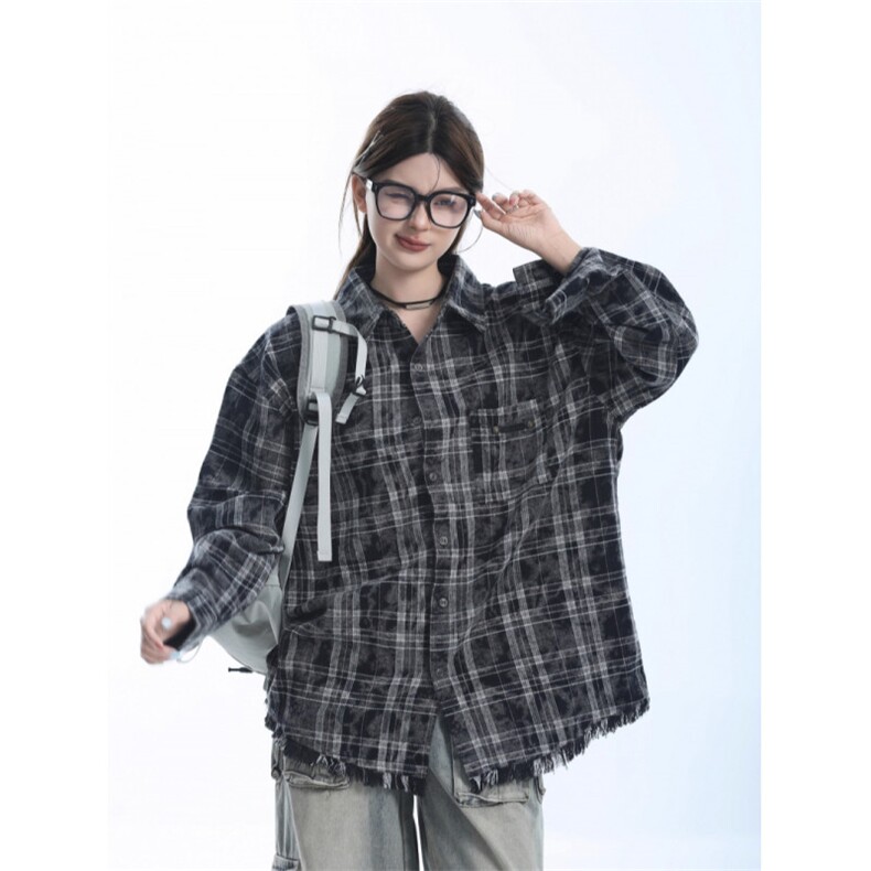 1506A/GJ060/P45美式复古重工毛边格子衬衫女图片