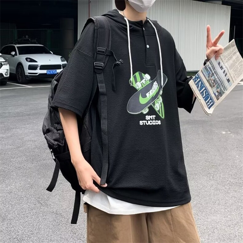 夏季新款男士冰丝连帽短袖t恤连帽男装宽松半袖潮流男孩体恤,男装T恤,星座1013