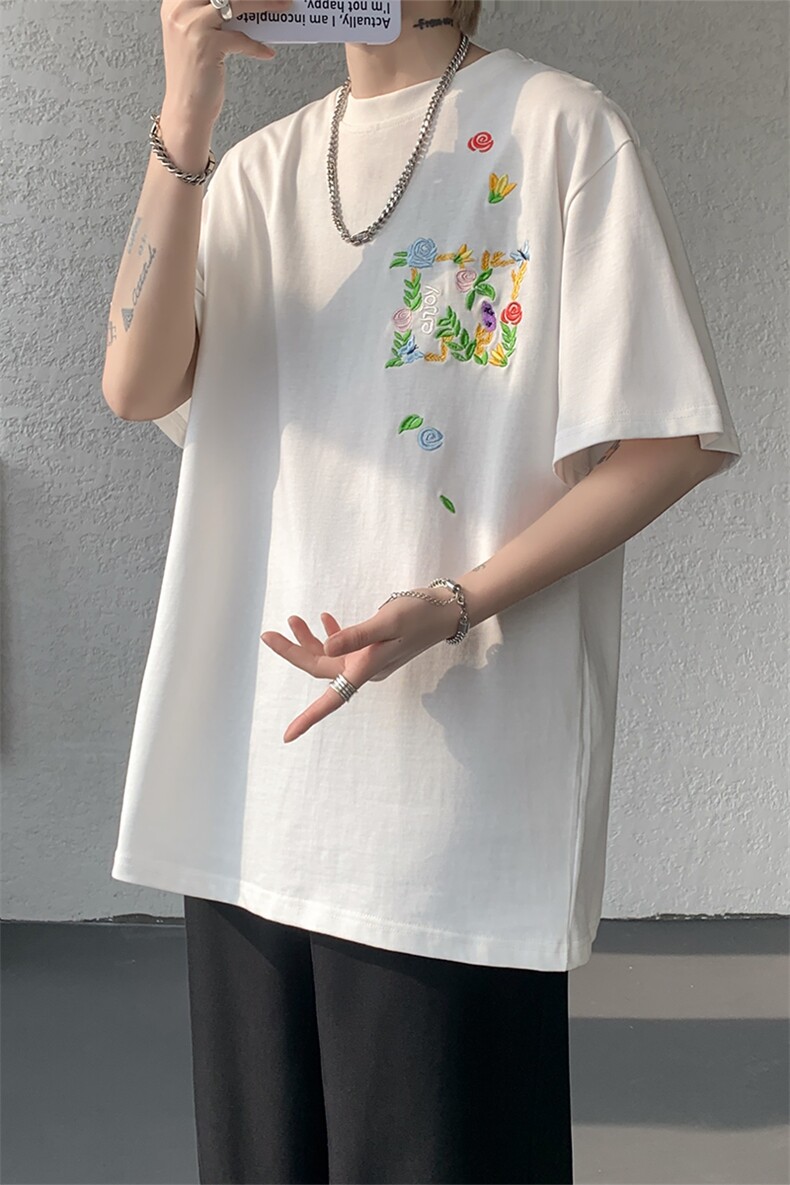 潮牌短袖T恤花绘刺绣设计感T恤美式复古条纹口袋短袖T恤半袖P48,男装T恤,电商B319