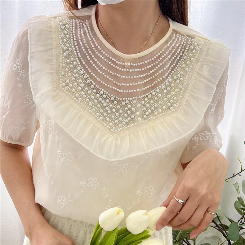 珍珠领蕾丝上衣，其它，PURE