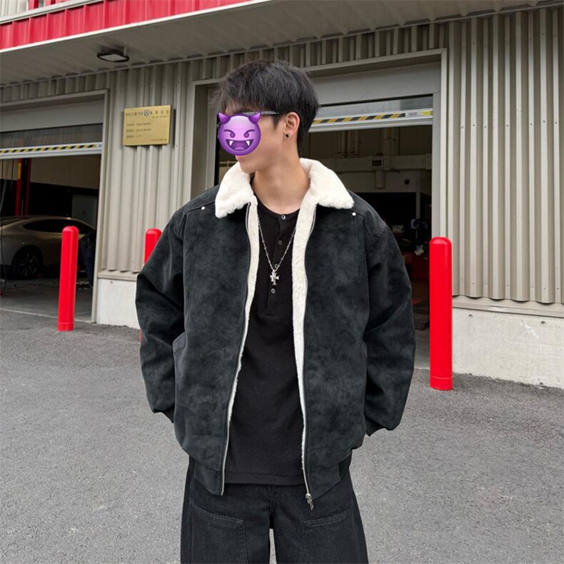 现货重磅硬挺boxy羽绒棉衣座山雕羊羔毛领洗水麂皮棉服冬外套,男装棉衣,电商A486