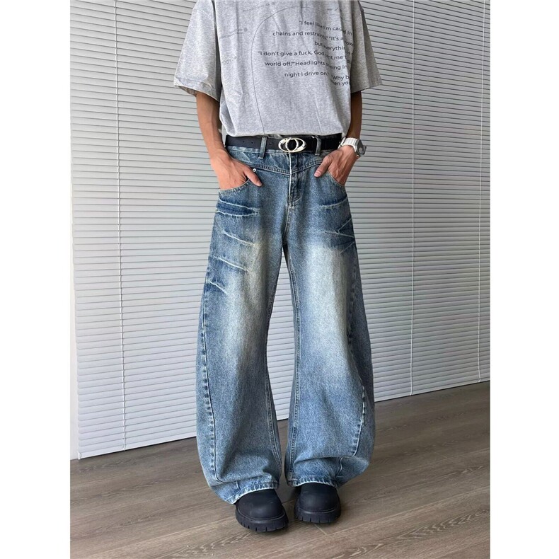 复古水洗裂纹弯刀牛仔裤男女痞帅宽松休闲阔腿直筒长裤N07828-P52，男装牛仔裤，星座308B-1