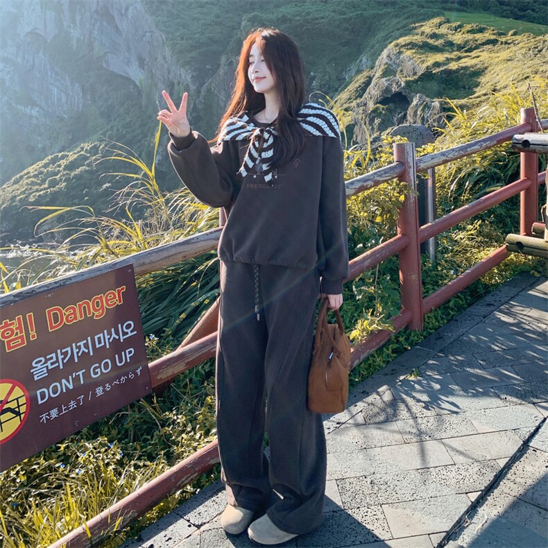 条纹披肩卫衣阔腿裤时尚套装女2025春秋季新款韩版显瘦减龄两件套图片