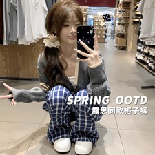 美式高街潮牌男女泡泡格子休闲裤直筒宽松慵懒显瘦阔腿休闲长裤子，男装休闲裤，电商A443