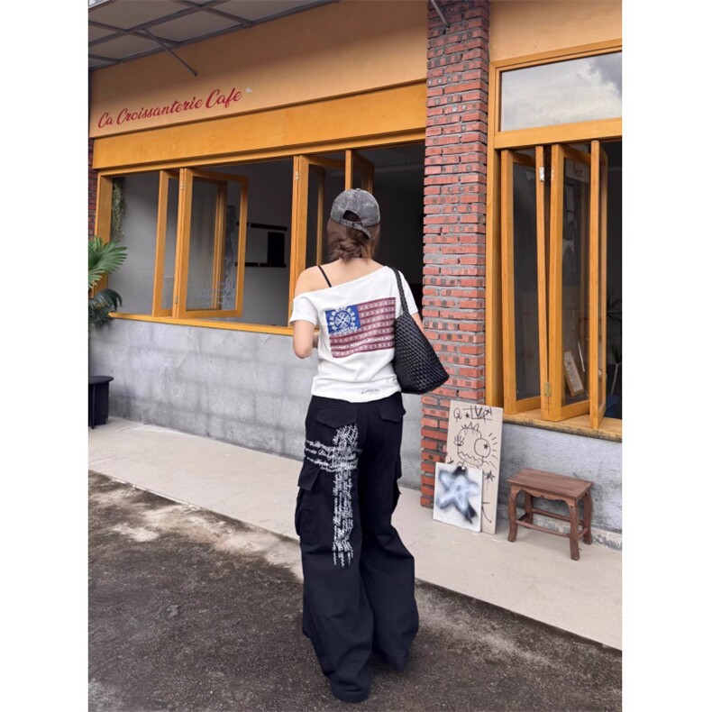 大码美式复古做旧水洗工装牛仔裤女设计感多口袋直筒休闲阔腿长裤,男装牛仔裤,星座506A