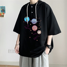 夏季港风冰丝宽松连帽短袖t恤五分体恤上衣TLM2228-P40控58，男装T恤，电商B370