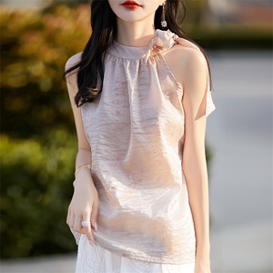 挂脖绑带吊带背心女夏季轻薄真丝缎面国风水墨画印花露肩宽松上衣图片