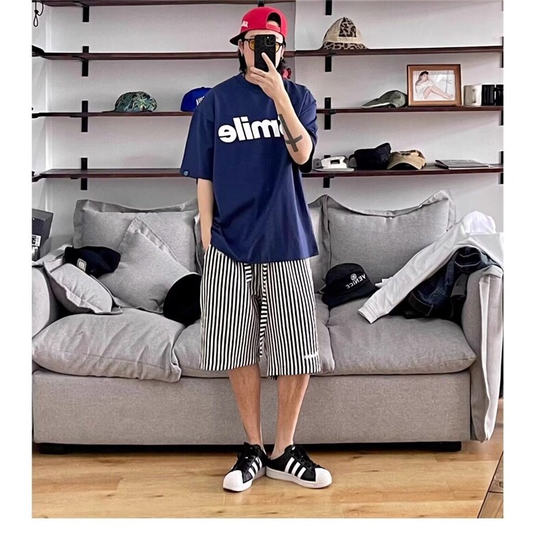 网图现货日系黑白条纹宽松休闲五分裤男DK11/P36,男装牛仔裤,星座205-3