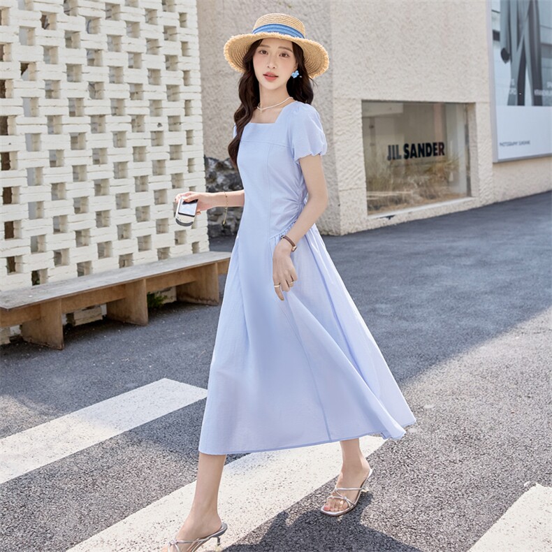 现货白色连衣裙女2025夏新款方领法式收腰显瘦气质泡泡袖长裙,女装连衣裙,跑量工厂店