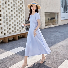 现货白色连衣裙女2025夏新款方领法式收腰显瘦气质泡泡袖长裙，女装连衣裙，跑量工厂店