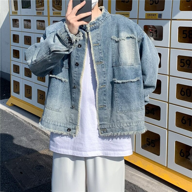 设计感小众毛边牛仔外套男春季ins高街潮牌复古水洗渐变宽松夹克图片