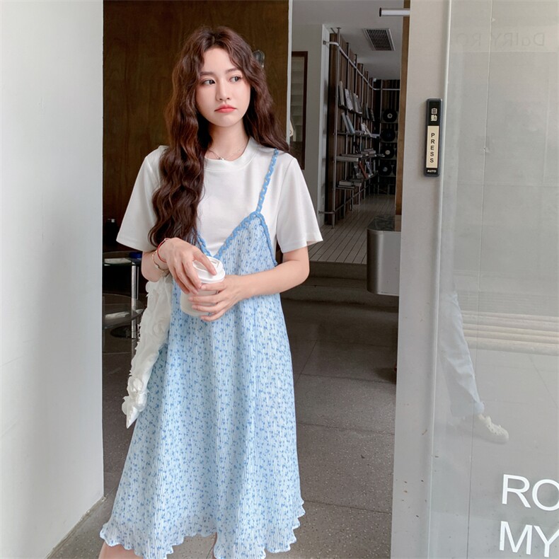 韩系撞色拼接连衣裙女2025夏季新款蓝色碎花设计感假两件T恤裙,女装连衣裙,2C275