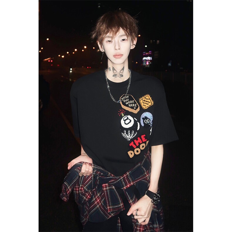 贴布毛巾绣黑8短袖男款潮牌高级感美式高街重磅T恤国潮情侣半截袖，男装T恤，电商A486-1