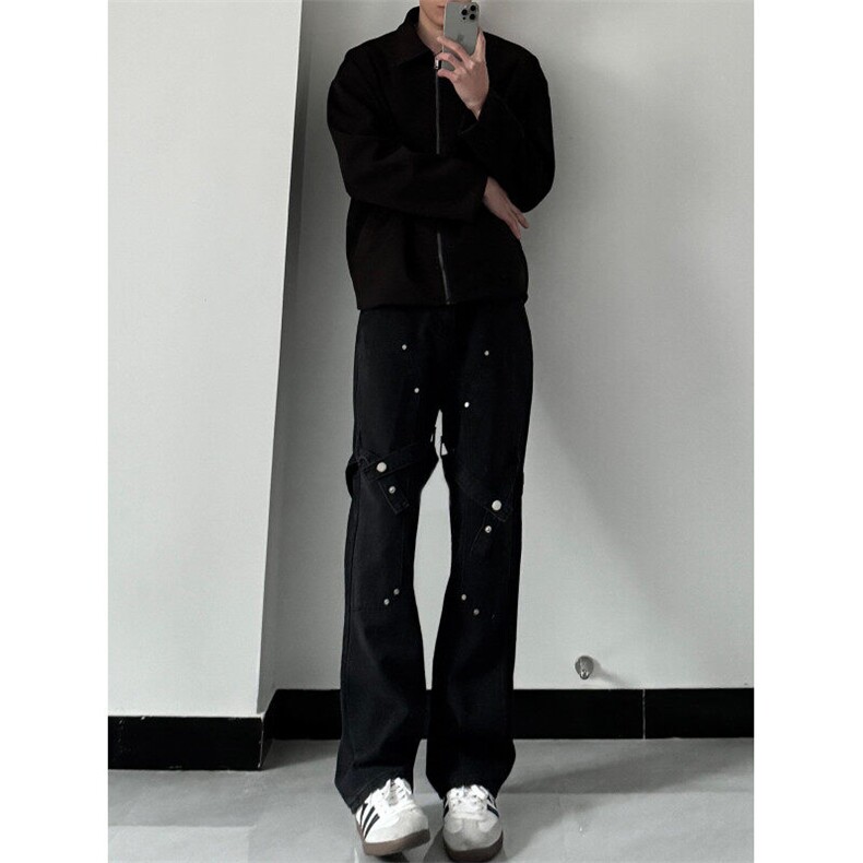 美式hiphop裤子高街vibe交叉绑带牛仔裤修身直筒微喇叭裤图片