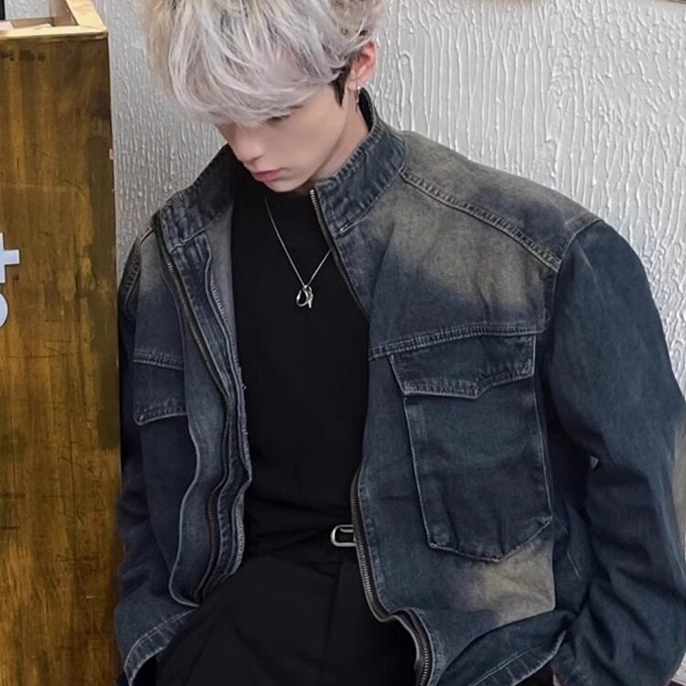 大口袋设计水洗渐变做旧牛仔夹克男宽松oversize立领外套J88676,男装夹克,星座1116A（原606A-3）