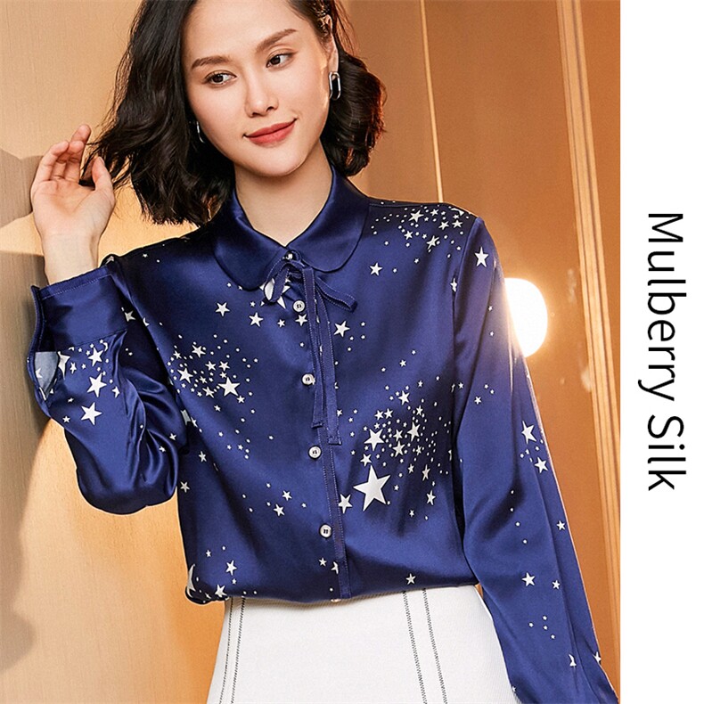春夏新款星空桑蚕丝衬衫女真丝长袖蝴蝶结百搭宽松气质版高端上衣,女装衬衫,宋氏羊绒
