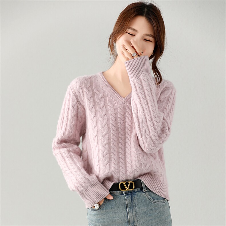 2024秋季新款重工绞花长袖套头衫休闲百搭35%羊绒衫，女装羊绒衫，富泽羊绒