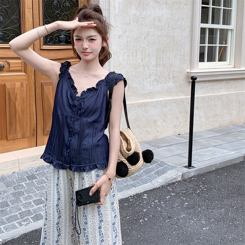 夏季新款少女感显瘦碎花阔腿裤两件套温柔系穿搭法式牛仔小衫套装,女装套装/套裙,浙宝305