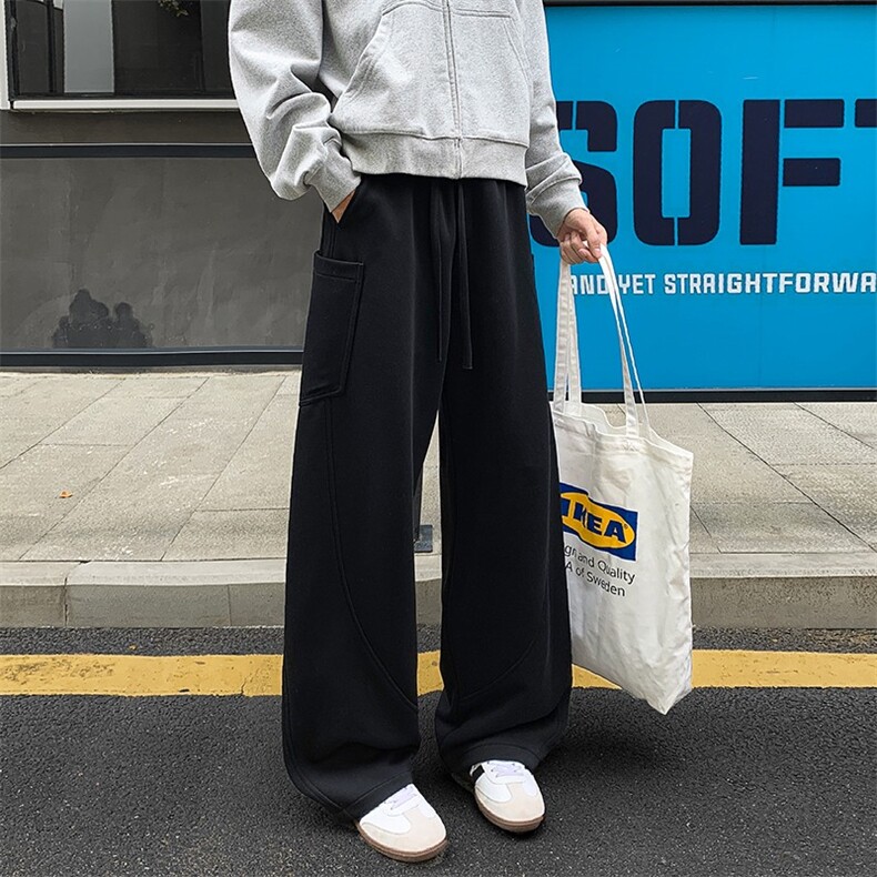 重磅华棉拼接弯刀卫裤男秋冬潮牌银狐绒加厚宽松垂感阔腿休闲裤子,男装休闲裤,电商A001