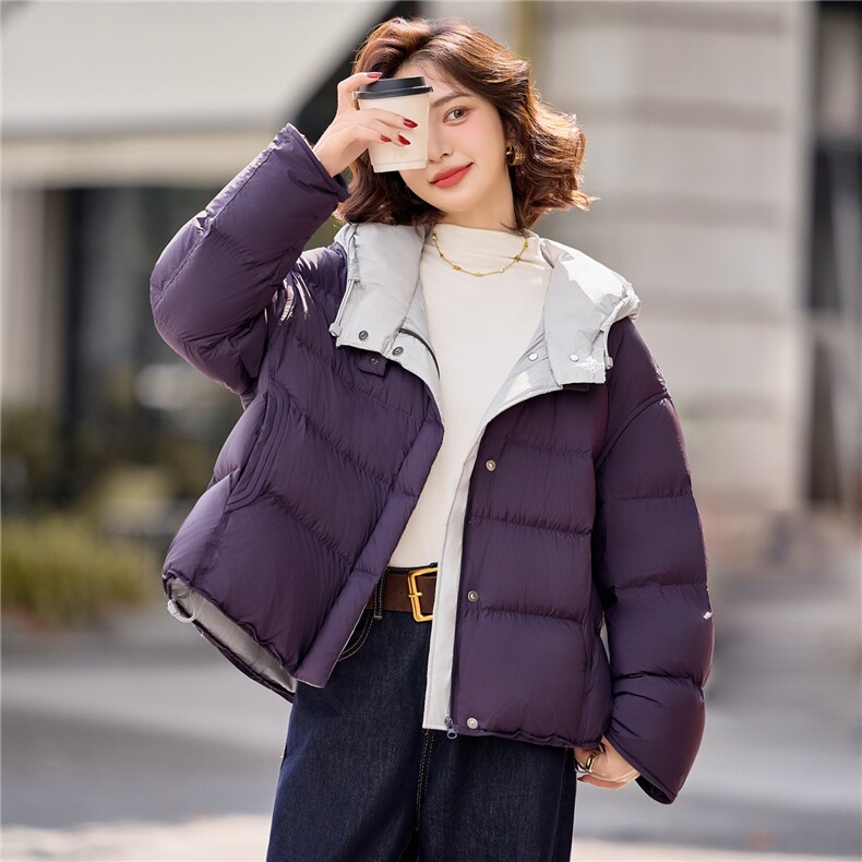 90白鸭绒羽绒服女2025年冬季新款时尚撞色连帽宽松羽绒服外套,女装羽绒服,沁沁公主