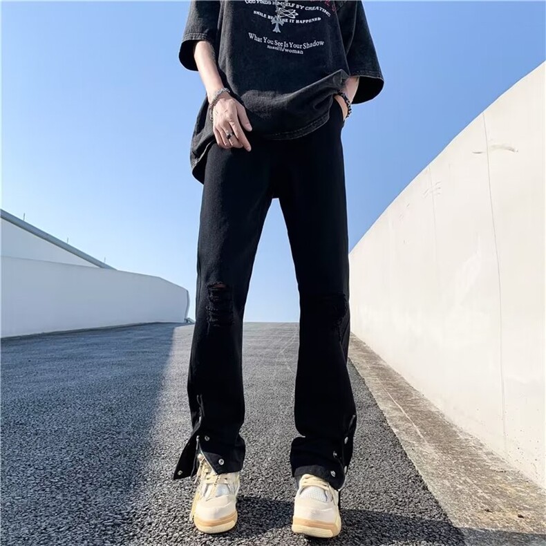 破洞牛仔裤男美式高街痞帅排扣拉链开叉直筒微喇裤子NK08P45,男装牛仔裤,星座410-2