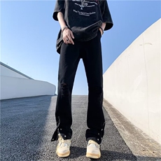 破洞牛仔裤男美式高街痞帅排扣拉链开叉直筒微喇裤子NK08P45，男装牛仔裤，星座410-2