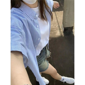 日系cityboy蓝白条纹衬衫短袖男女夏季新款宽松休闲男生衬衣外套图片