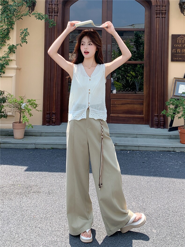 2026针织上衣+设计感杏色高腰阔腿裤女夏版型超好宽松垂感套装,女装套装/套裙,艾米莉亚