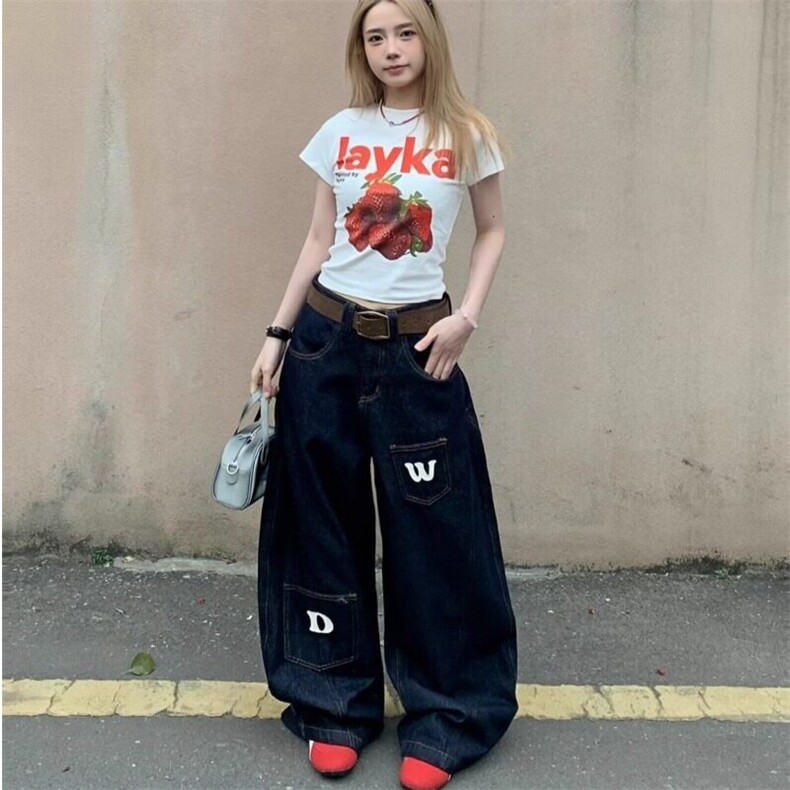 大码美式口袋廓形弯刀牛仔裤女设计感宽松百搭阔腿裤垂感拖地长裤,女装牛仔裤,星座506A