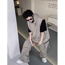 秋装工装机能风连帽背心套装男小众设计感拉链长裤两件套M8090，男装西服套装，星座1116A（原606A-3）