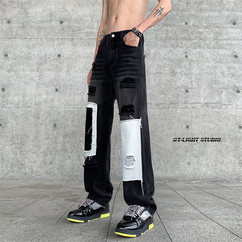 B221 美式ins高街小众个性乞丐裤直筒破洞牛仔裤 LK23099-P65控88图片