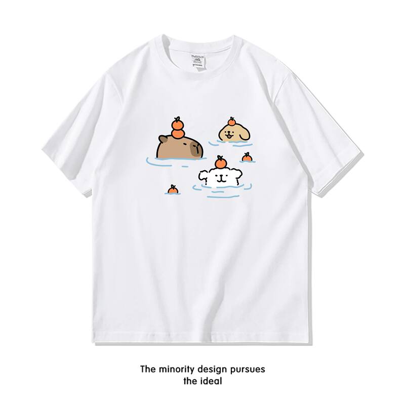 Cute Capybara Golden Retriever Dog Short Sleeve T-Shirt for Men and Women, Summer Fun Pure Cotton Loose Fit Couple Half-Sleeve Cute Capybara Golden Retriever Dog Short Sleeve T-Shirt for Men and Women, Summer Fun Pure Cotton Loose Fit Couple Half-Sleeve