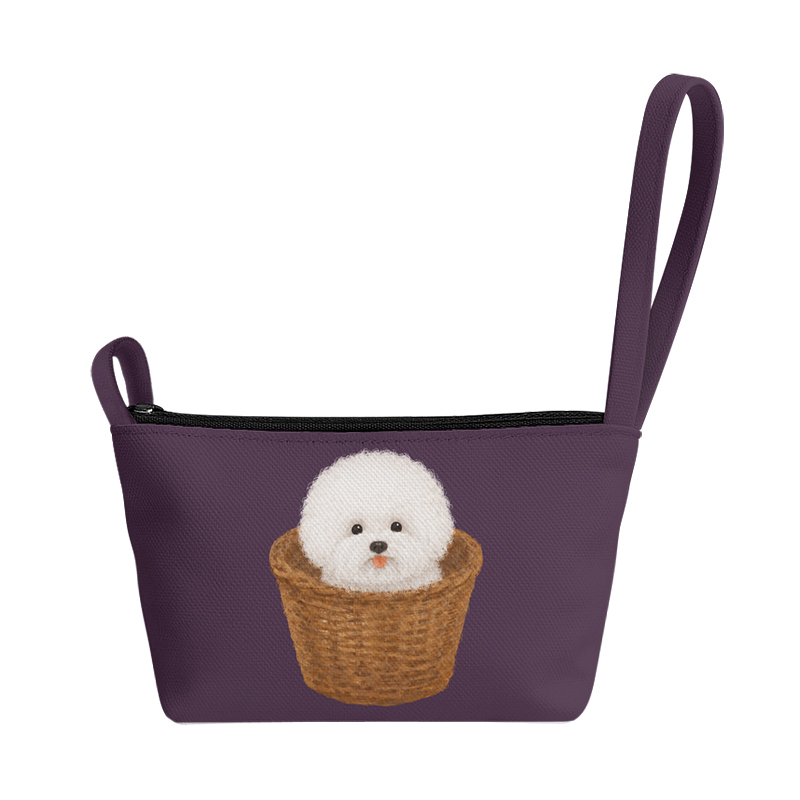 Cute Puppy in the Basket, Portable and Stylish Wrist Coin Purse, Makeup Bag, Multifunctional Pouch with Texture