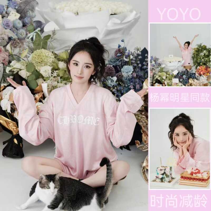 Yang Mi Celebrity Style Pink V-Neck Letter Print T-Shirt Women's Double-Layer Mesh Baseball Uniform Sports Long-Sleeve Top