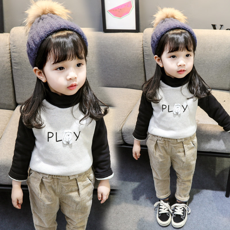 2020 autumn winter new girl foreign pie upmarket plus suede cardiovert 0-1-2-3-4-5-year-old damp baby gush t-shirt