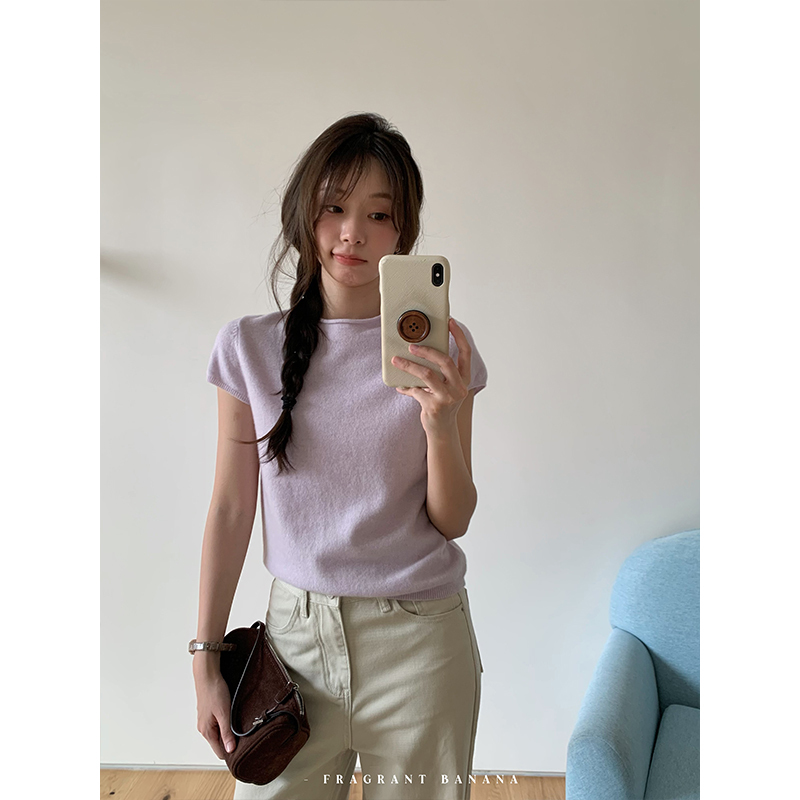 Fragrant Banana 100% Pure Wool Round Neck Rolled Edge Knit Sweater for Women, Autumn Multi-Color Soft and Skin-Friendly Flutter Sleeve Sweater