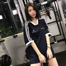 Loose yoga short-sleeved T-shirt womens large size fat mm200 pounds half-sleeve blouse sports top medium-long fitness blouse