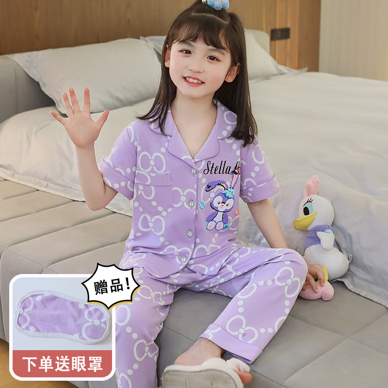 Girl's pajamas pure cotton short sleeve summer thin cute rabbit girl girl princess in the elderly child mother and child home suit