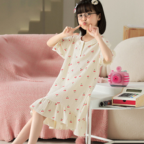 Girls sleeping dress summer pure cotton thin sleeve short sleeve 13 - year - old childrens pajamas little girls home dress
