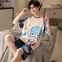 Mens pajamas summer pure cotton short sleeve summer large-code cartoon teen student all-cotton home suit