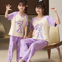 Mothers pajamas parent child spring and summer short sleeve trousers pure cotton cute Summer girl leisure home clothes