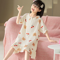 Childrens pajamas pure cotton gauze hanging sleepy dress girl summer short sleeve girl in the big child lovely mother and child clothing