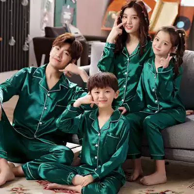 3 sets of price ice silk parent-child spring and autumn pajamas long-sleeved a family of three and four mother-daughter silk home service suit