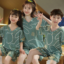Family-child pajamas summer mother and daughter family three-mouth suit ice silk sleeve boy and girl silk home clothing thin