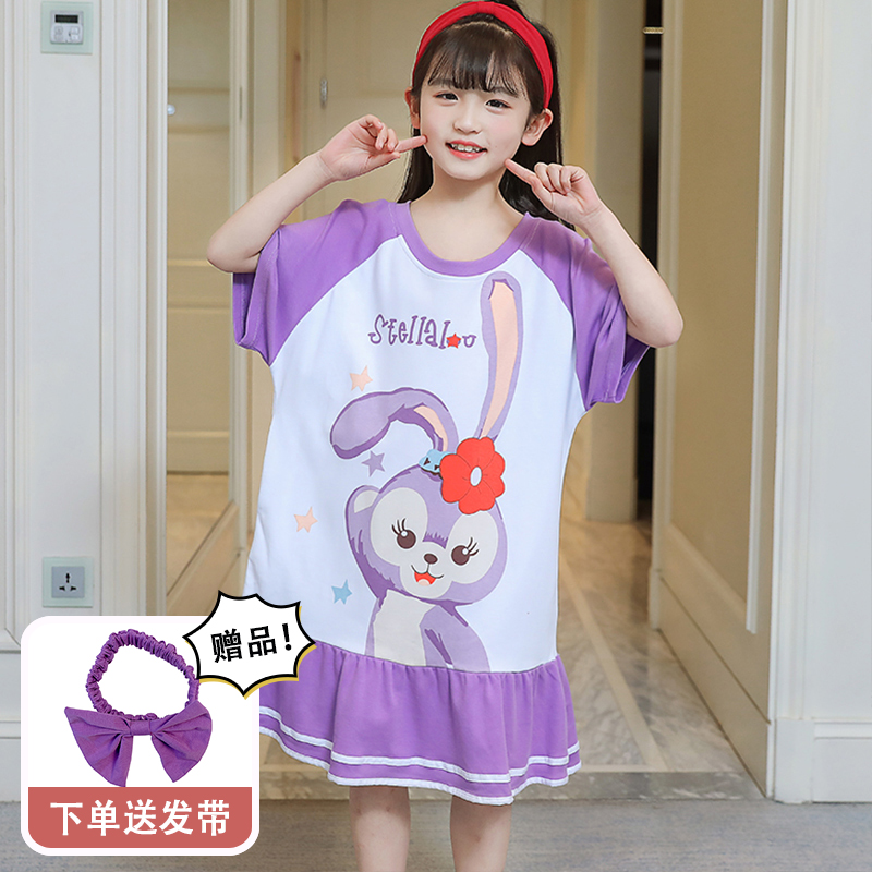 Girl Sleeping Skirt Short Sleeve Summer Ultra Slim Summer Pure Cotton Children Sleepwear Half Sleeve Girl Princess Wind Kid Big Boy