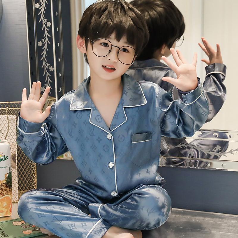 Children's pajamas boys summer long sleeves long pants ice silk thin spring and autumn boys middle and oldest children silk loungewear set
