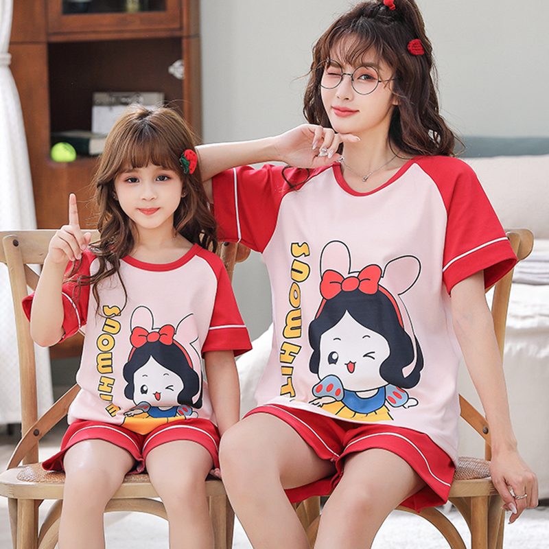 Girls' pajamas pure cotton summer summer skin-sleeve parents and children's home clothes Summer dress Princess